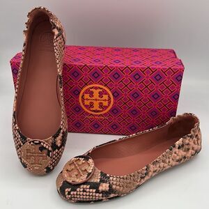 NIB Tory Burch Pink Minnie Travel Snake Print Leather Reva Ballet Flats Size 6.5